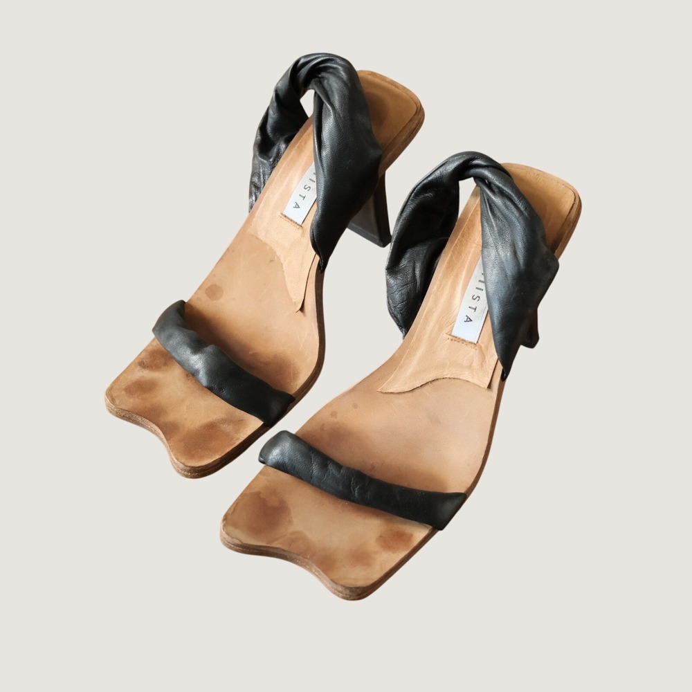 Miista Heels Black Twisted Strap Square Toe Leather 38 Spain Sandals US 7.5
